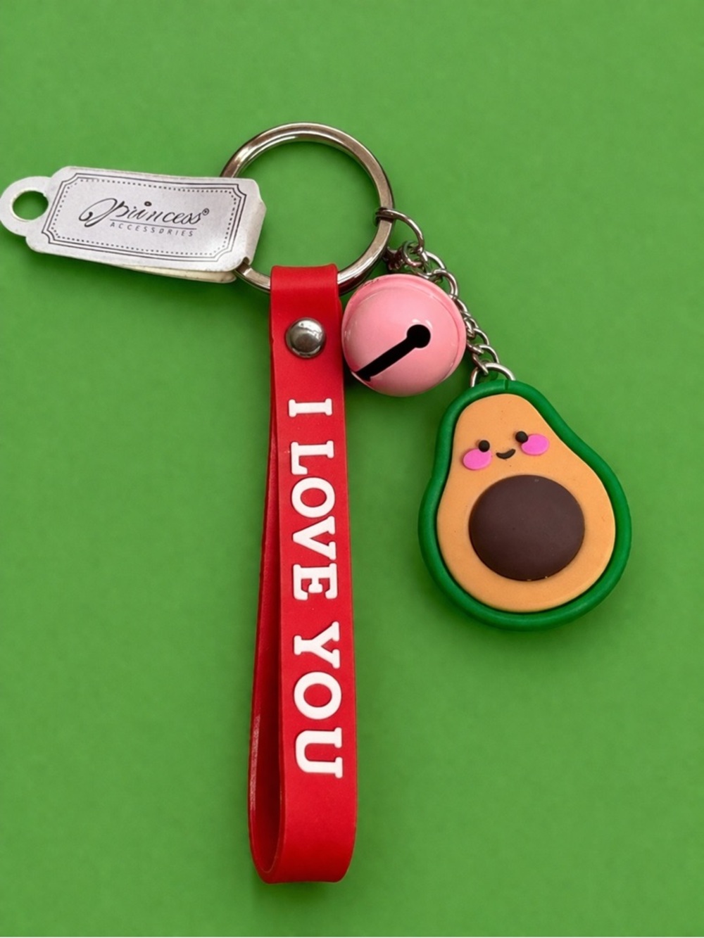Princess Accessories Kids Red 'I Love You' Avocado Keychain with Pink Bell